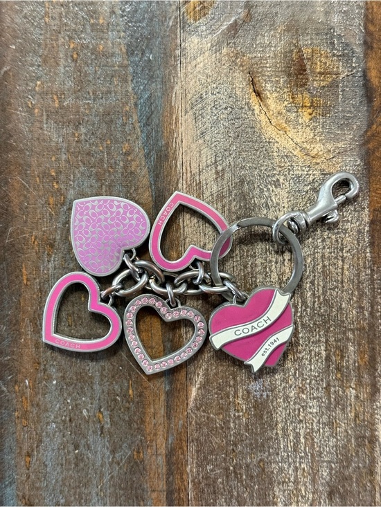 Coach Accessories - Coach Pink Heart Charm Keychain Bag Charm Rhinestone Silver Tone Multi Heart EUC